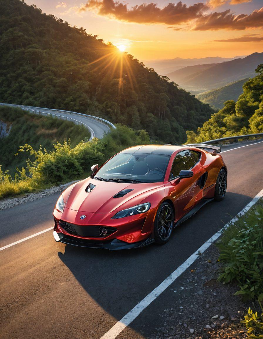 A dynamic scene of a shiny, high-performance car on a winding mountain road, surrounded by lush greenery, depicting the joy of driving. Include a mechanic fine-tuning the engine, with tools scattered around, symbolizing expert solutions. In the background, a beautiful sunset casts a warm glow over the landscape, representing happiness and freedom. super-realistic. vibrant colors. dramatic lighting.