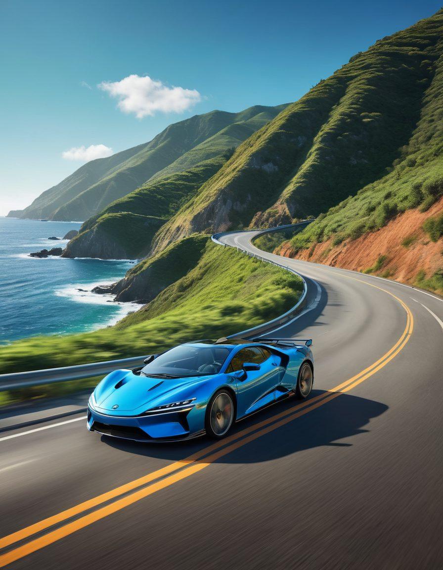 An exhilarating scene of a vibrant and modern car cruising along a scenic coastal road with a bright blue sky. The car shows advanced features like glowing digital dashboards and sleek aerodynamics, surrounded by dynamic motion lines to convey speed and joy. In the background, a landscape of lush green hills and ocean waves enhances the feeling of freedom. super-realistic. vibrant colors.