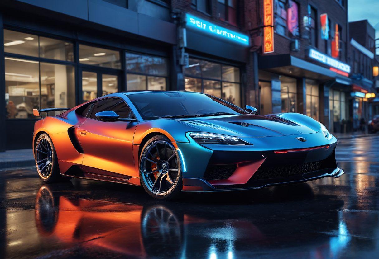 A sleek, high-performance car revving in a dynamic urban setting, with vibrant neon lights reflecting off its polished body. The background showcases a workshop filled with tuning tools and engine parts, emphasizing the transformation process. Add gears, engine diagrams, and performance metrics floating around the car, symbolizing superior automotive performance. The sky is dusk-lit with a cool gradient, enhancing the energetic vibe of the scene. super-realistic. vibrant colors. 3D.